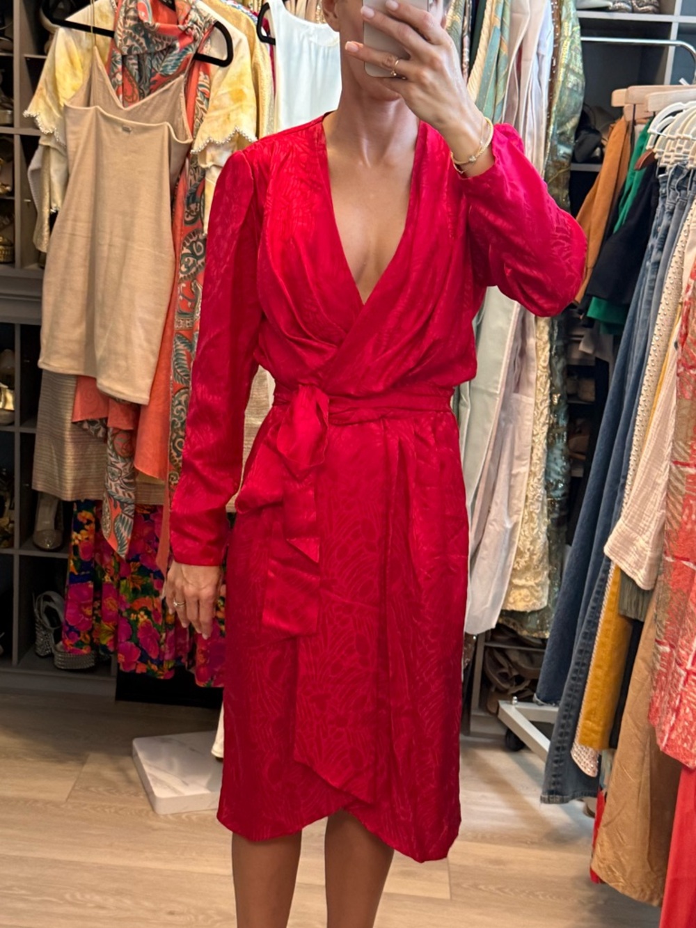 Vintage Argenti 100% Silk Wrap Dress Red Jacquard Long Sleeve Cocktail 80s